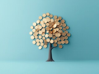 Playful cartoon tree generating golden coins as leaves creative illustration whimsical art digital design colorful environment imaginative concept