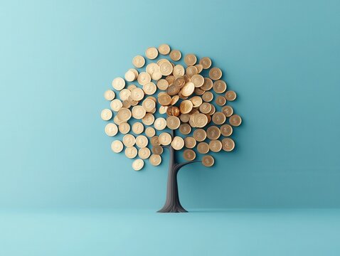 Playful cartoon tree generating golden coins as leaves creative illustration whimsical art digital design colorful environment imaginative concept