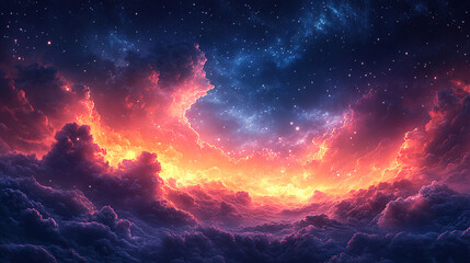 Fototapeta premium Vibrant sunset colors blend with dark clouds and stars in a stunning cosmic sky display. Generative AI