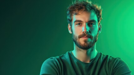 A blockchain developer designing decentralized applications, with a bold green background symbolizing innovation