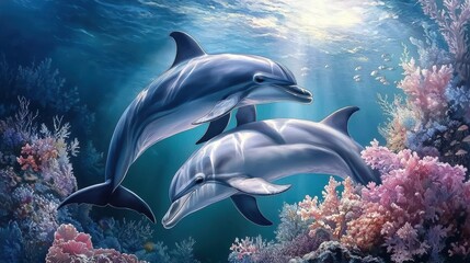 Fototapeta premium Dolphins jumping and playing in the water at loma sea underwater coral reef environment