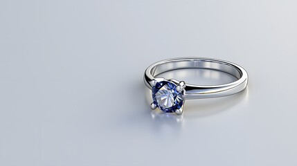 A dazzling sapphire ring set on a sleek reflective surface, with ample blank space for text