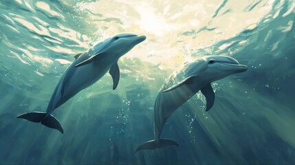 Obraz premium Dolphins jumping and playing in the water at sea loma underwater nature scene calm environment
