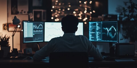 Focused Trader Analyzing Crypto Charts at Night