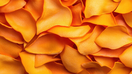 Close up of vibrant citrus fruit peels, showcasing intricate textures and warm orange hues. image captures beauty of nature design, evoking freshness and zest