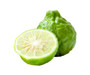 Front view of fresh green bergamot fruits or kaffir lime with half but no green leaf in stack...