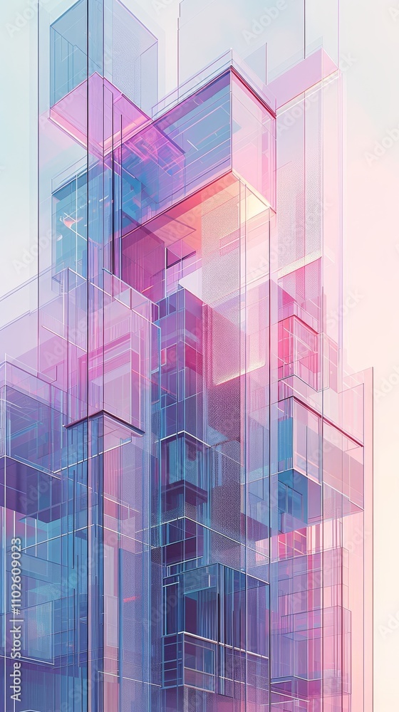 Poster a colorful, geometric glass building design featuring layers of transparent panels in soft pastel hu