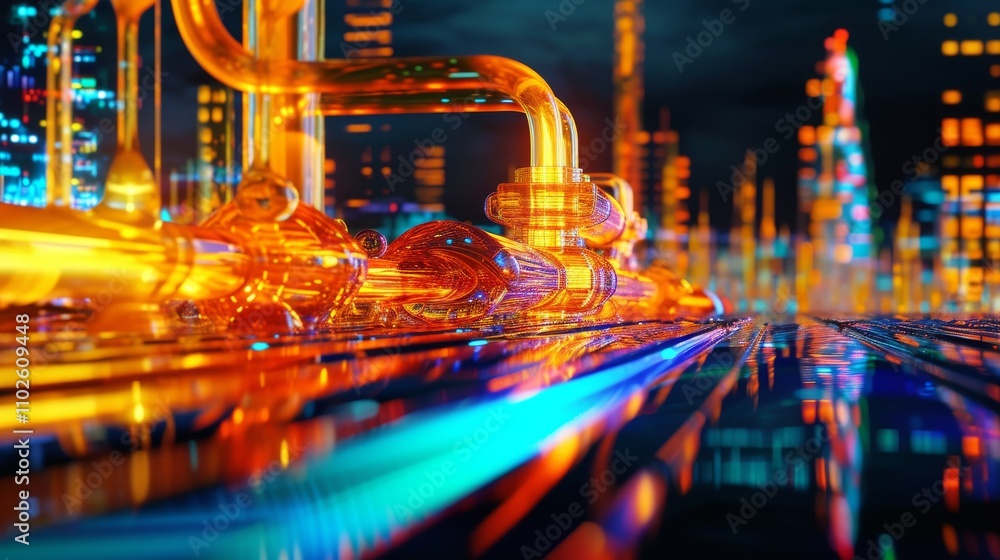 Poster a vibrant 3d rendering showcasing a futuristic pipeline system with glowing neon lights, set against
