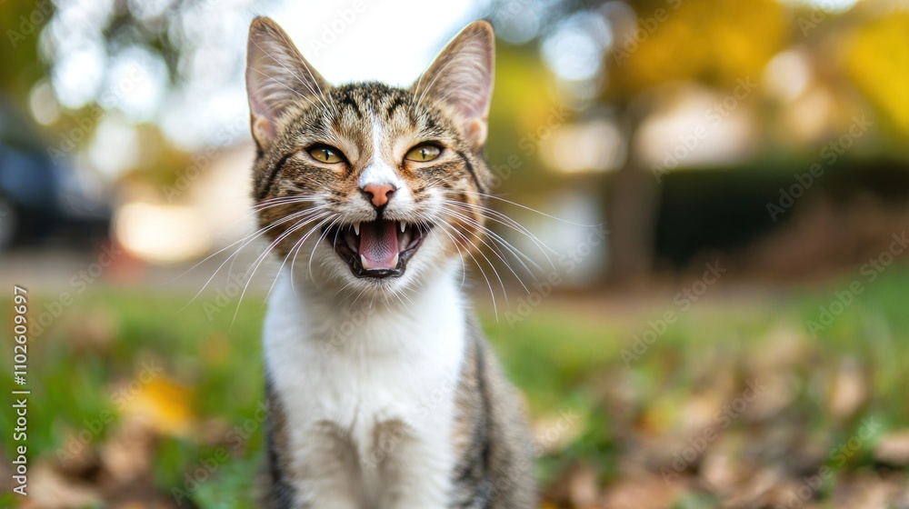 Poster cat with a playful or content expression, showing a smiling demeanor