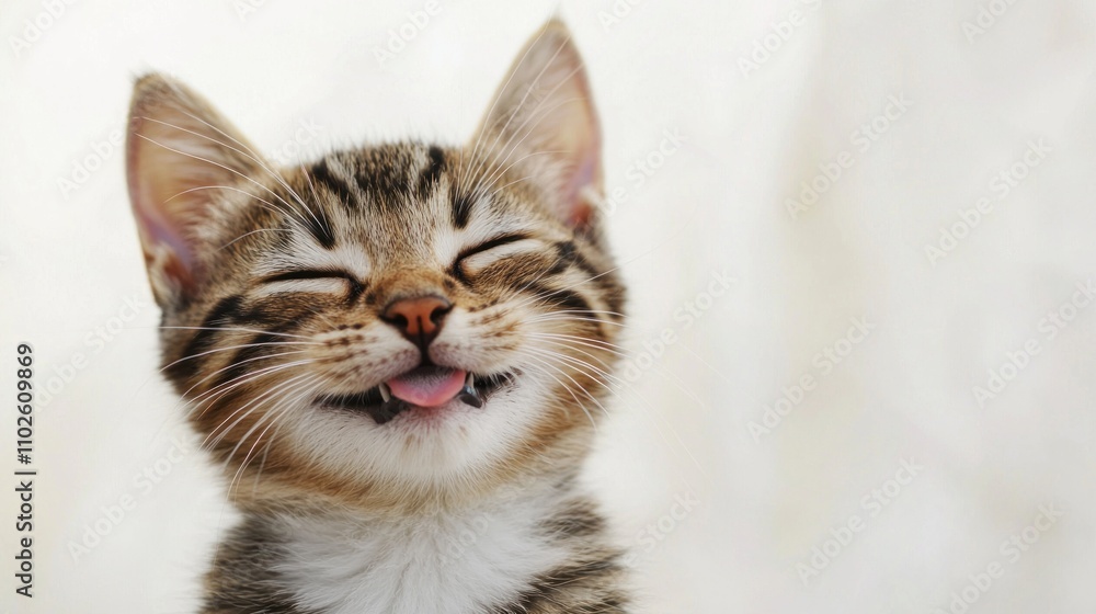 Poster cat with a playful or content expression, showing a smiling demeanor