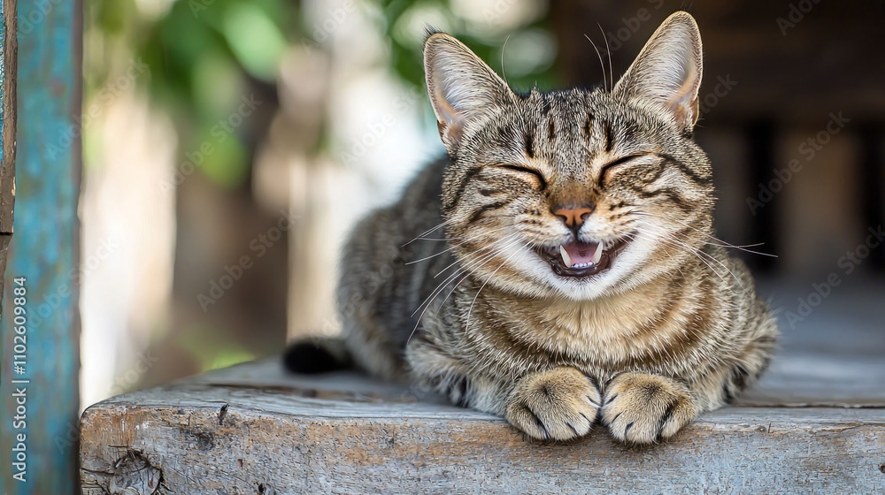 Aufkleber cat with a playful or content expression, showing a smiling demeanor