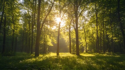Naklejka premium Sunrise in a lush green forest. Nature, peace, tranquility concept.