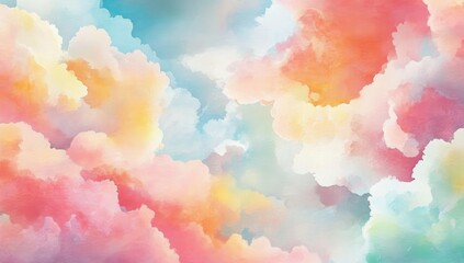 Colorful Pastel Sky with Clouds, Watercolor Hand Drawn Illustration in Dreamy and Romantic Style, Soft Ethereal Colors