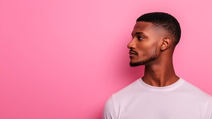 Obraz premium Handsome male model with no facial hair, wearing a plain crew-neck t-shirt, standing on a solid color background. The model is positioned to the right side of the image, tilting his face slightly 