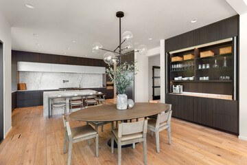 Dining room and kitchen in new luxury home
