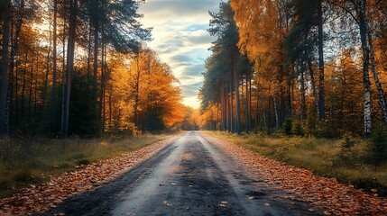 Autumn Road Through Golden Forest