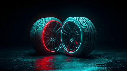 Neon-lit 3D Render of Two Black Alloy Wheels with Red and Cyan Glowing Tire Edges on Dark Surface