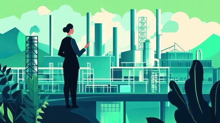 Obraz premium A factory manager overseeing operations, set against a bold green environment representing progress