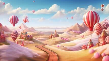 A whimsical hot air balloon ride over a landscape of candy cane fields and gumdrop mountains, capturing the magic of Christmas from high above