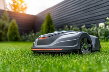 A small robot is on a green lawn