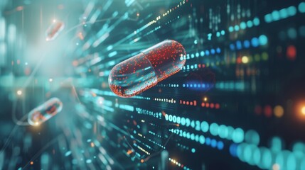 A futuristic representation of a red capsule surrounded by a flow of digital data and abstract lights, symbolizing medical innovation and technology. AI generated.