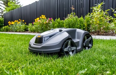 A small robot is sitting on the grass