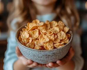 Girl and breakfast cereal at home.