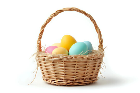 Easter basket filled with colorful eggs on a white background