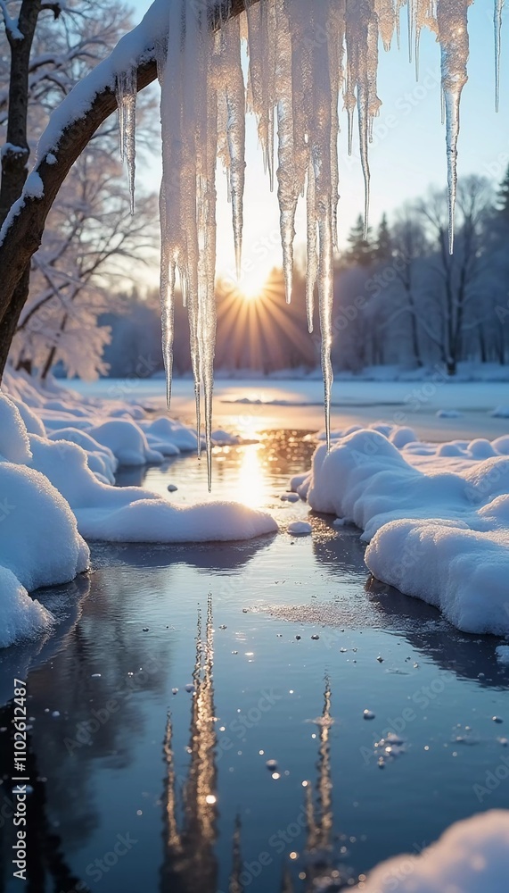 Poster sunlight breaks through the trees at dawn, reflecting off a tranquil river dotted with melting ice. 