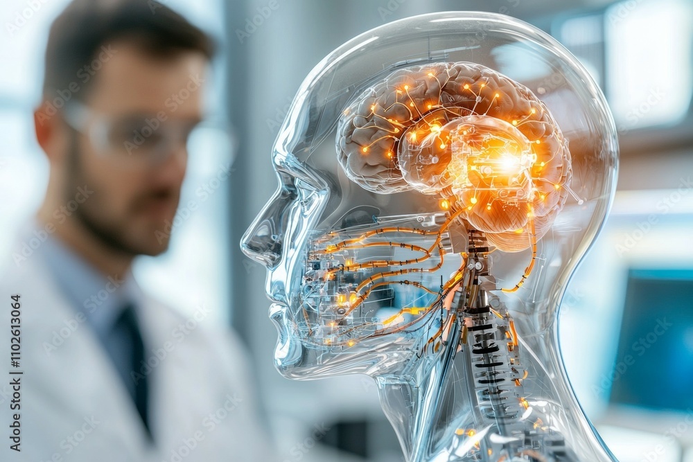 Aufkleber a man in a lab coat stands in front of a model of a brain