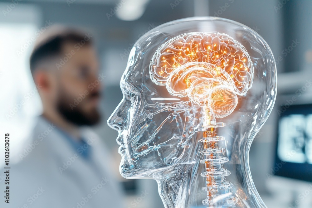 Poster a man is standing in front of a brain model