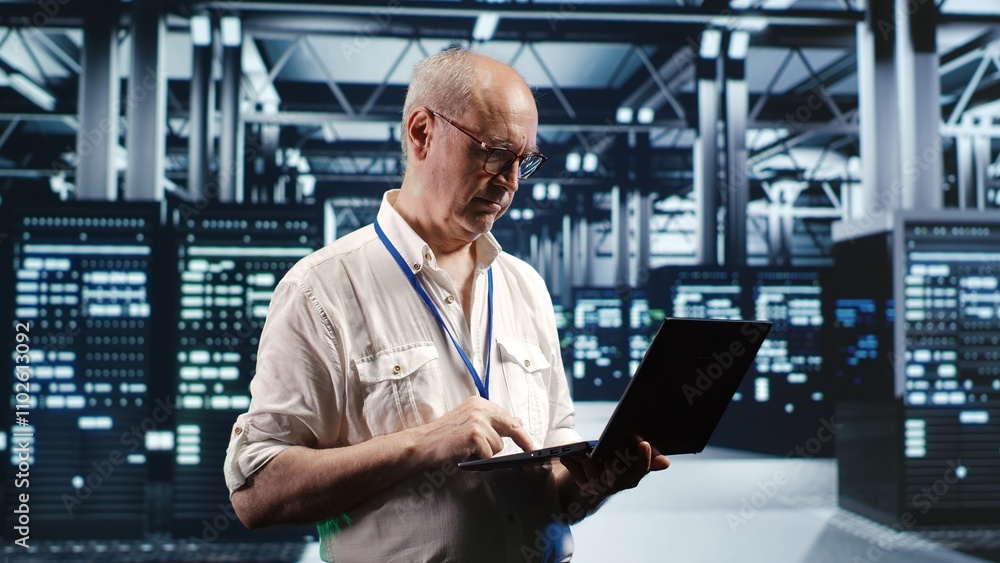 Poster senior professional navigating network of server machines in industrial hub. engineer with laptop do
