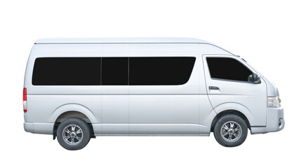 Side view of white van car isolated on white background with clipping path