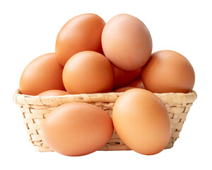 Group of fresh brown chicken eggs in stack in wicker basket isolated with clipping path in png file format