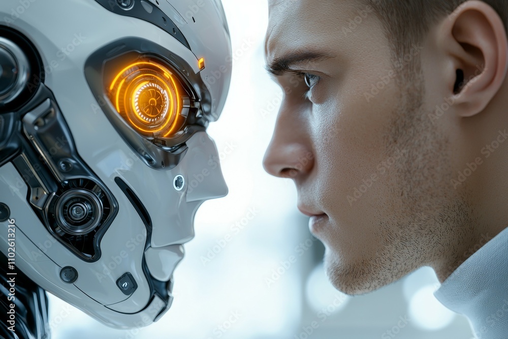 Poster a man and a robot are facing each other