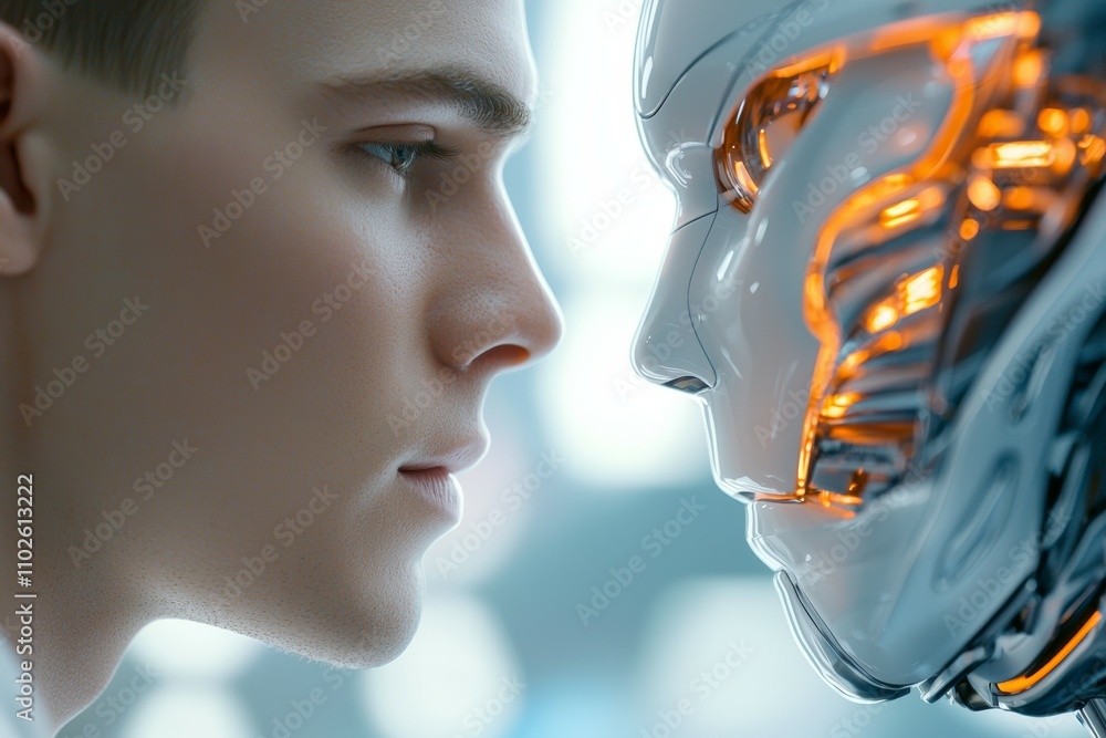 Poster a man and a robot are facing each other