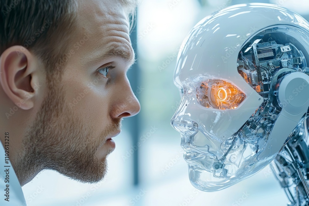 Poster a man looks at a robot with a surprised expression