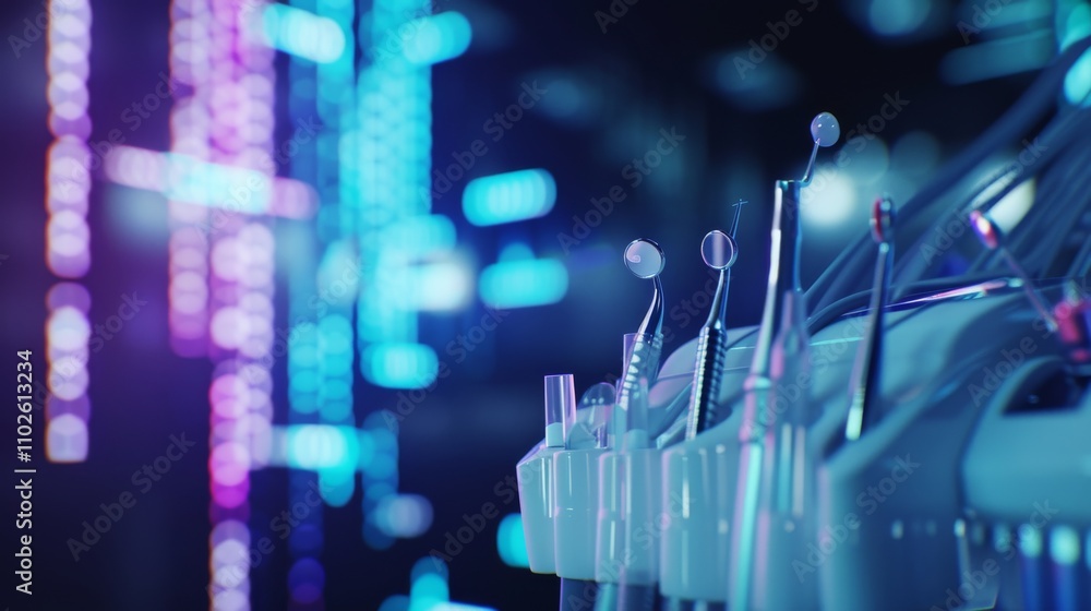 Poster a set of advanced dental instruments with glowing ai interfaces, blending cutting-edge technology wi
