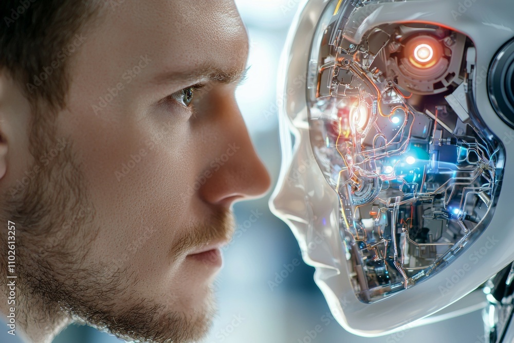 Poster a man is looking at a robot with a red eye