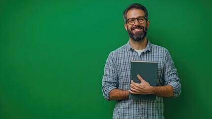 A friendly teacher holding a book, standing against a bright green background, symbolizing knowledge and learning