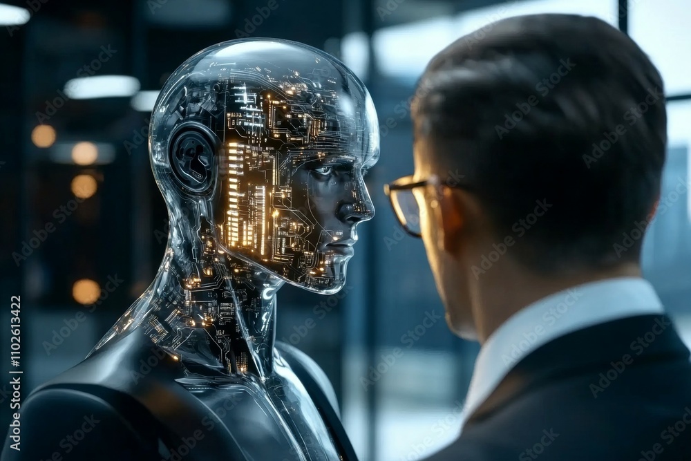 Poster a man in a suit is looking at a robot with a face