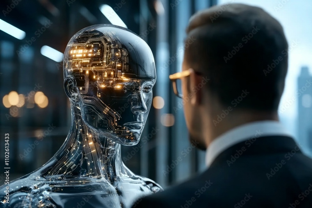 Poster a man in a suit is looking at a robot with a face
