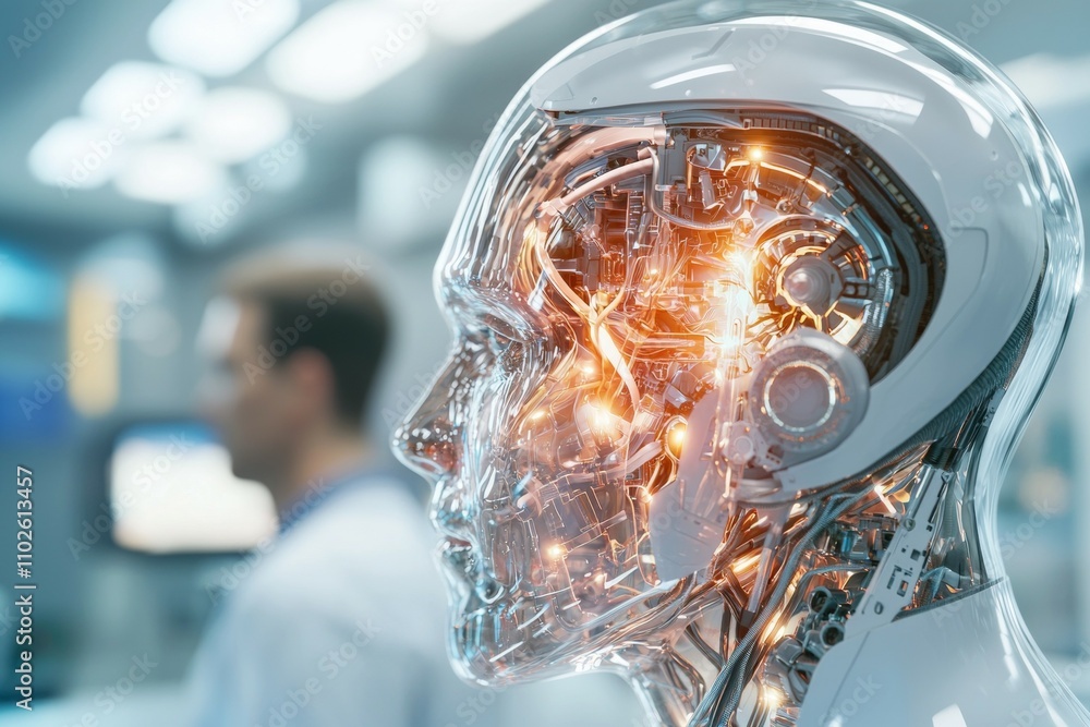 Poster a man is standing behind a robot with a face made of glass