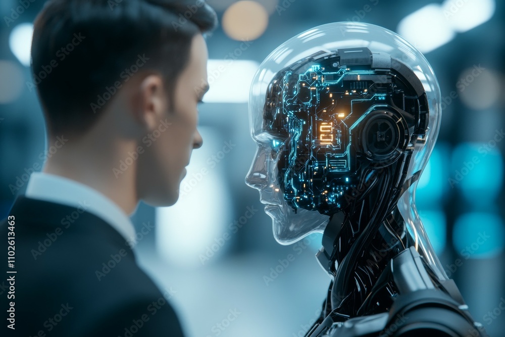 Poster a man is looking at a robot with a computer chip on its head