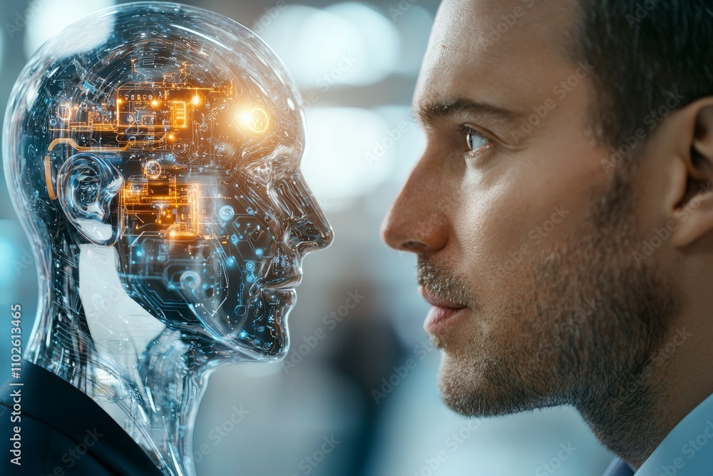 Poster a man is looking at a robot with a face that is made of wires and circuits