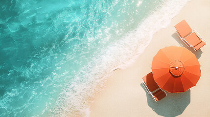 Obraz premium Beautiful beach with turquoise water and orange umbrellas, view from above, summer vacation concept banner background