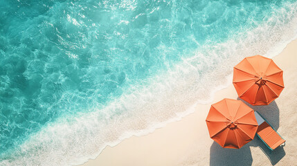Naklejka premium Beautiful beach with turquoise water and orange umbrellas, view from above, summer vacation concept banner background