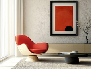Scandinavian interior design of modern living room with accent red armchair and frame on wall.