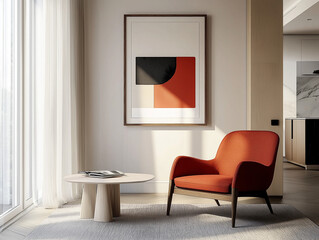 Scandinavian interior design of modern living room with accent red armchair and frame on wall.