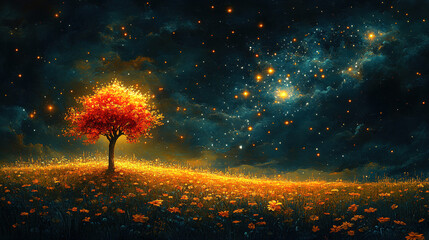 Vibrant autumn tree under a starry night sky in a colorful cosmic landscape with glowing flowers and celestial elements. Generative AI